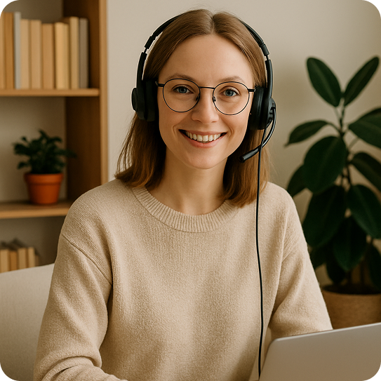 There in a woman with warm smile wearing headphones